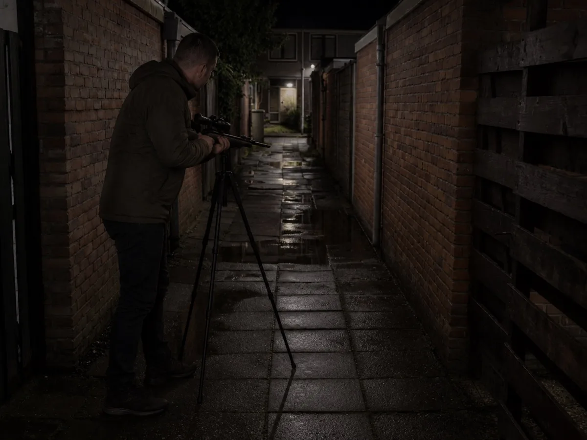 Nachtelijke rattenbestrijding met luchtgeweer in een achterom